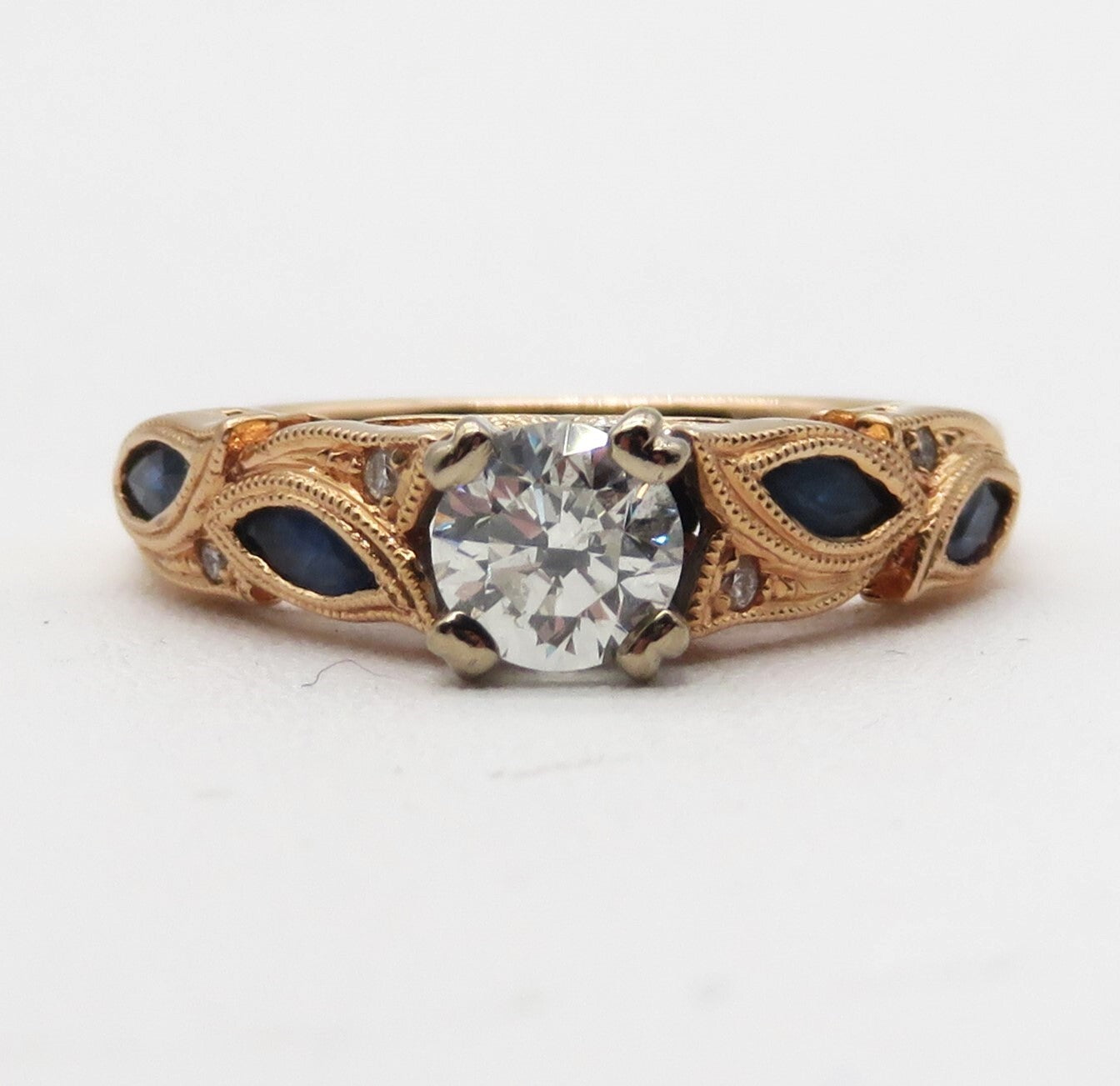 Kirk Kara Botanical Floral 18K Rose Marquise Blue Sapphire Diamond Eng. Ring