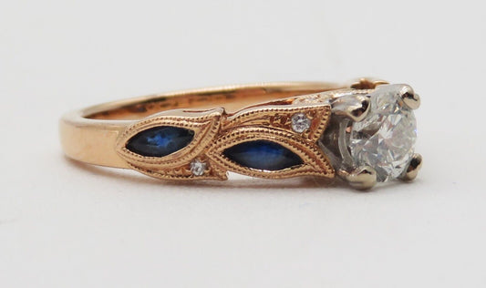 Kirk Kara Botanical Floral 18K Rose Marquise Blue Sapphire Diamond Eng. Ring